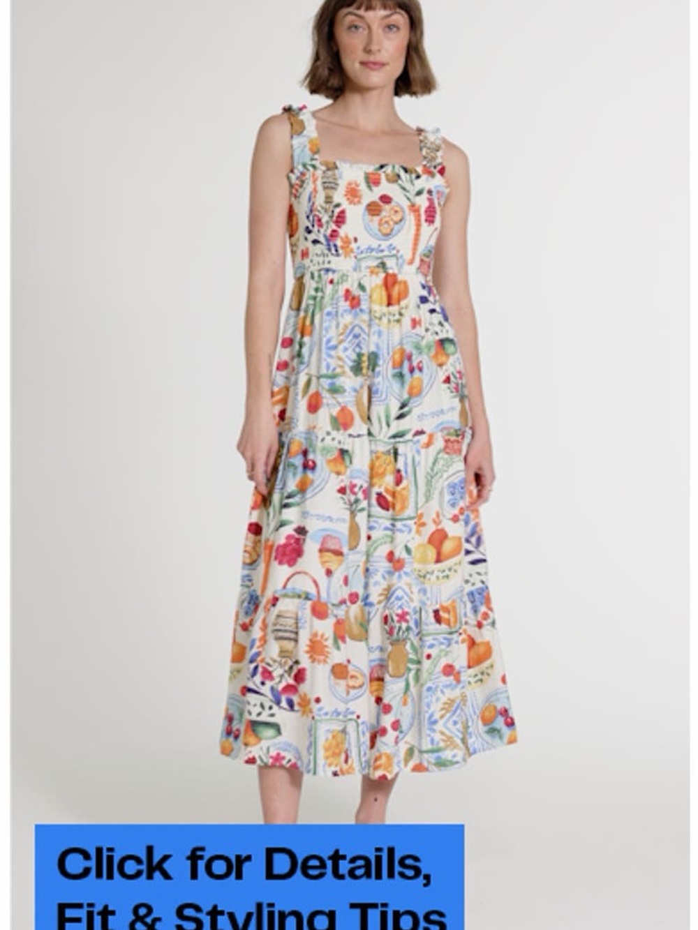Nordstrom Cream Tiered Midi Dress with Colorful Fruit & Floral Print